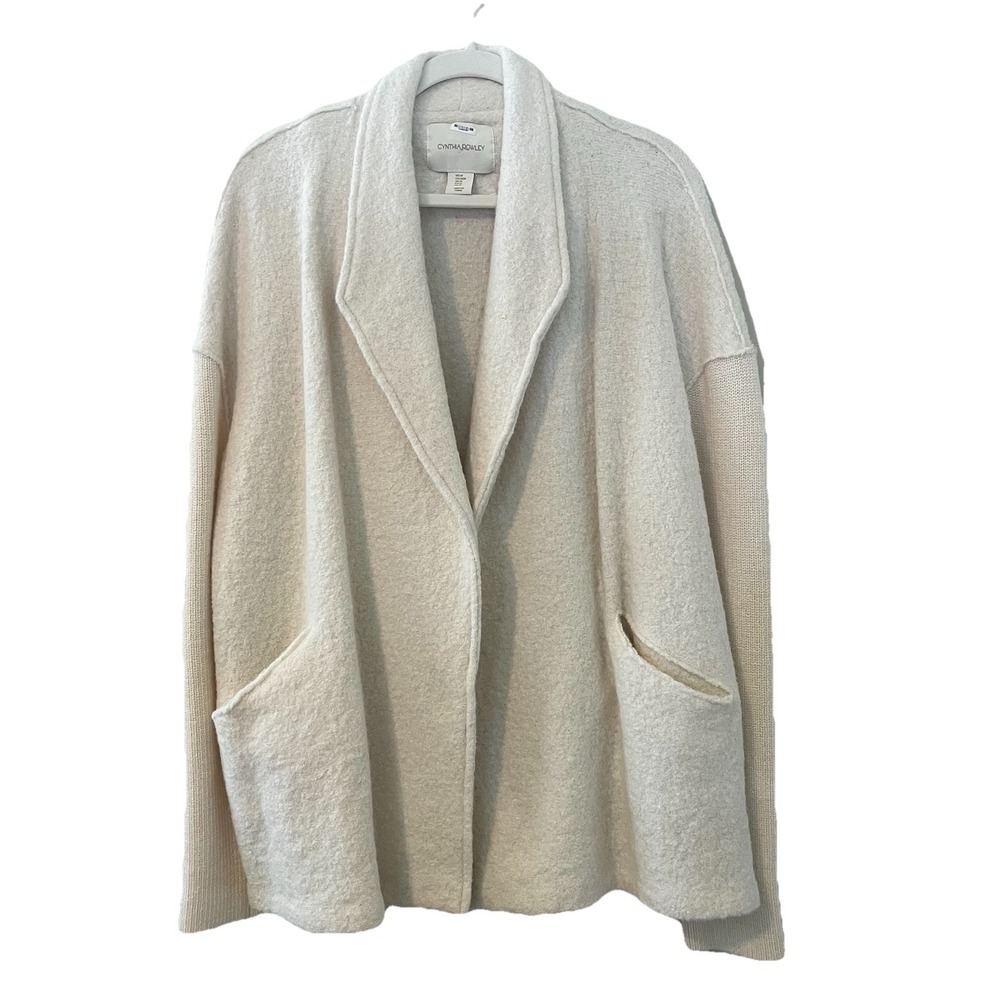 cynthia rowley Sweater M Open Front Long Line Cream Shacket Blazer Minimalist Ja